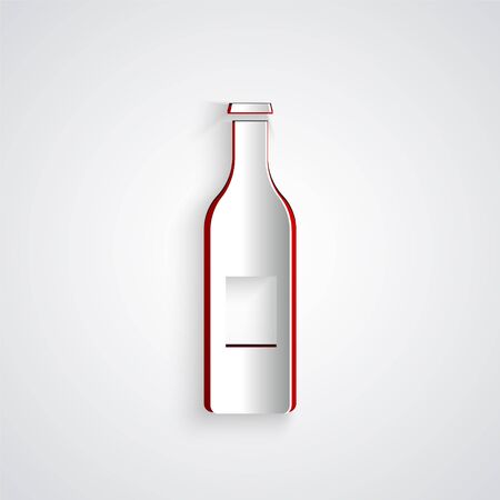 Paper cut Beer bottle icon isolated on grey background. Paper art style. Vector Illustrationのイラスト素材