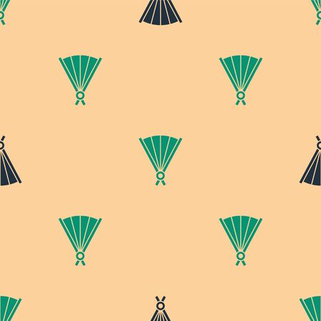 Green and black Traditional paper chinese or japanese folding fan icon isolated seamless pattern on beige background. Vector Illustrationのイラスト素材