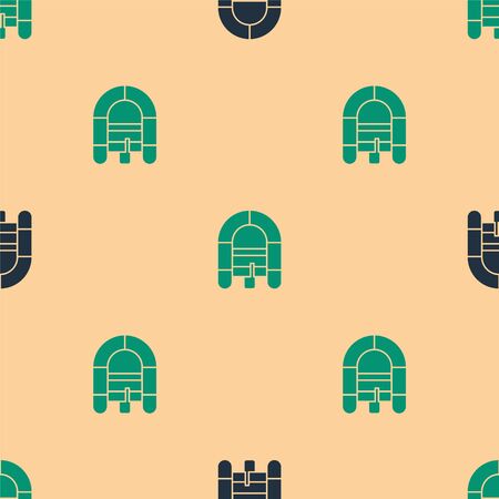 Green and black Rafting boat icon isolated seamless pattern on beige background. Inflatable boat. Water sports, extreme sports, holiday, vacation. Vector Illustrationのイラスト素材