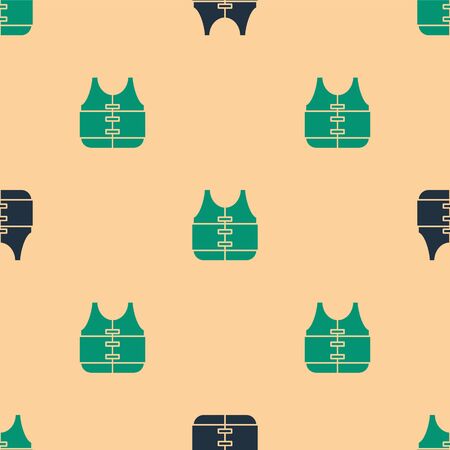 Green and black Life jacket icon isolated seamless pattern on beige background. Life vest icon. Extreme sport. Sport equipment. Vector Illustrationのイラスト素材