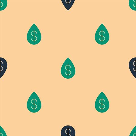 Green and black Oil drop with dollar symbol icon isolated seamless pattern on beige background. Vector Illustrationのイラスト素材