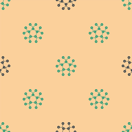 Green and black Molecule oil icon isolated seamless pattern on beige background. Structure of molecules in chemistry. Vector Illustrationのイラスト素材