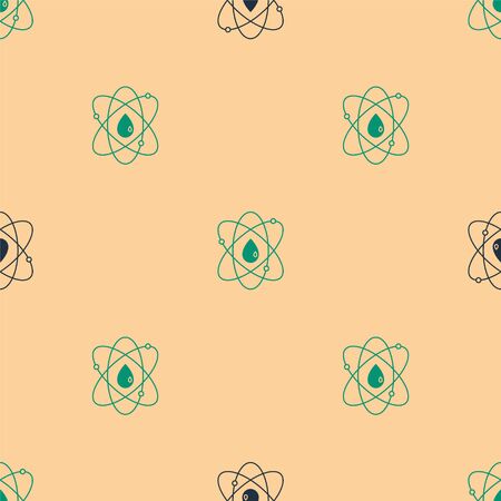Green and black Atom icon isolated seamless pattern on beige background. Symbol of science, education, nuclear physics, scientific research. Vector Illustrationのイラスト素材