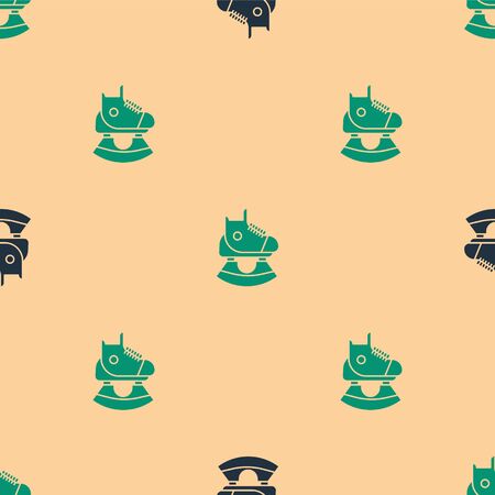 Green and black Skates icon isolated seamless pattern on beige background. Ice skate shoes icon. Sport boots with blades. Vector Illustrationのイラスト素材