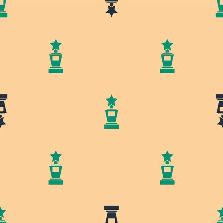 Green and black Award cup icon isolated seamless pattern on beige background. Winner trophy symbol. Championship or competition trophy. Sports achievement sign. Vector Illustrationのイラスト素材
