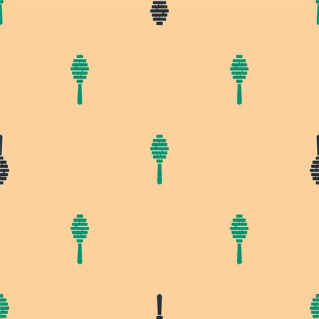 Green and black Honey dipper stick icon isolated seamless pattern on beige background. Honey ladle. Vector Illustrationのイラスト素材