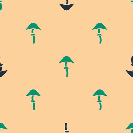 Green and black Psilocybin mushroom icon isolated seamless pattern on beige background. Psychedelic hallucination. Vector Illustrationのイラスト素材