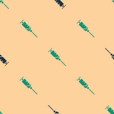 Green and black Syringe icon isolated seamless pattern on beige background. Syringe for vaccine, vaccination, injection, flu shot. Medical equipment. Vector Illustrationのイラスト素材