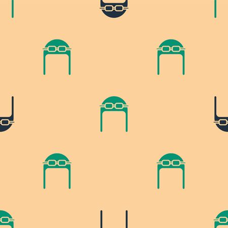 Green and black Aviator hat with goggles icon isolated seamless pattern on beige background. Pilot hat. Vector Illustrationのイラスト素材