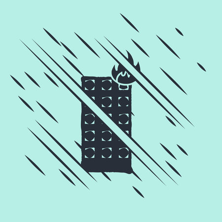 Black Fire in burning building on city street icon isolated on green background. Glitch style. Vector Illustrationのイラスト素材