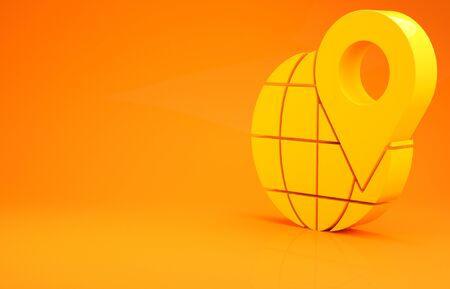 Yellow Location on the globe icon isolated on orange background. World or Earth sign. Minimalism concept. 3d illustration 3D renderの写真素材