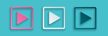 Paper cut Play in square icon isolated on blue background. Paper art style. Vector Illustration