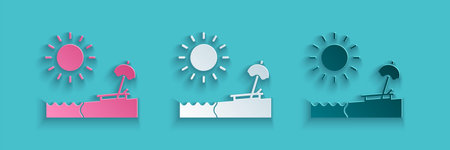 Paper cut Beach with umbrella and chair icon isolated on blue background. Tropical beach landscape....