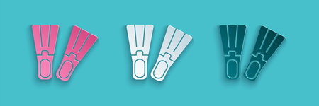 Paper cut Rubber flippers for swimming icon isolated on blue background. Diving equipment. Extreme...