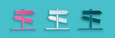 Paper cut Road traffic sign. Signpost icon isolated on blue background. Pointer symbol. Street...