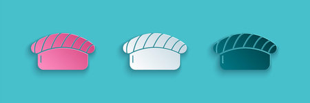Paper cut Sushi icon isolated on blue background. Traditional Japanese food. Paper art style. Vector...