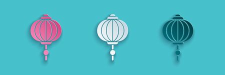 Paper cut Chinese paper lantern icon isolated on blue background. Paper art style. Vector Illustrationのイラスト素材