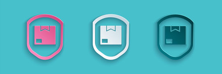 Paper cut Delivery pack security with shield icon isolated on blue background. Delivery insurance....