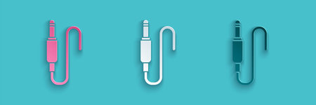Paper cut Audio jack icon isolated on blue background. Audio cable for connection sound equipment....