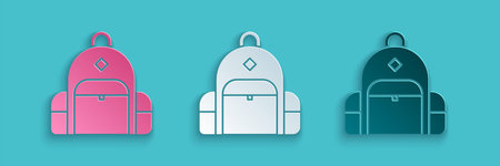 Paper cut Hiking backpack icon isolated on blue background. Camping and mountain exploring backpack....