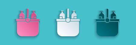 Paper cut Cooler bag and water icon isolated on blue background. Portable freezer bag. Handheld refrigerator. Paper art style. Vector Illustrationのイラスト素材