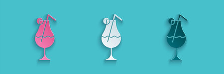 Paper cut Cocktail and alcohol drink icon isolated on blue background. Paper art style. Vector...