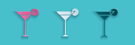 Paper cut Martini glass icon isolated on blue background. Cocktail icon. Wine glass icon. Paper art...