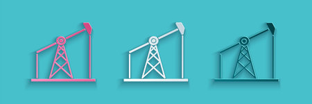 Paper cut Oil pump or pump jack icon isolated on blue background. Oil rig. Paper art style. Vector...
