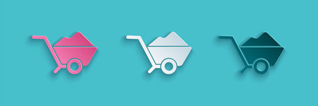 Paper cut Wheelbarrow with dirt icon isolated on blue background. Tool equipment. Agriculture cart...