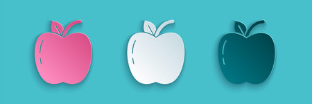 Paper cut Apple icon isolated on blue background. Fruit with leaf symbol. Paper art style. Vector Illustrationのイラスト素材