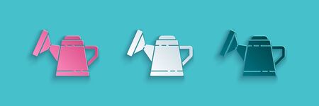 Paper cut Watering can icon isolated on blue background. Irrigation symbol. Paper art style. Vector Illustrationのイラスト素材