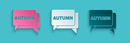 Paper cut Speech bubble with text autumn icon isolated on blue background. Paper art style. Vector...