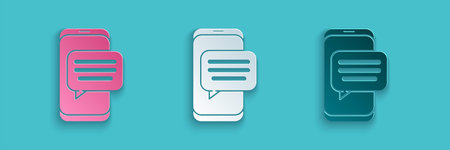 Paper cut New chat messages notification on phone icon isolated on blue background. Smartphone...
