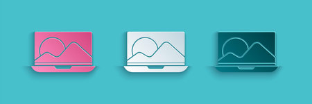 Paper cut Laptop icon isolated on blue background. Computer notebook with empty screen sign. Paper...