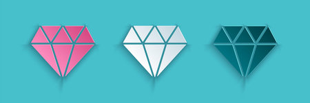 Paper cut Diamond icon isolated on blue background. Jewelry symbol. Gem stone. Paper art style....