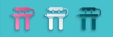 Paper cut Water filter icon isolated on blue background. System for filtration of water. Reverse...