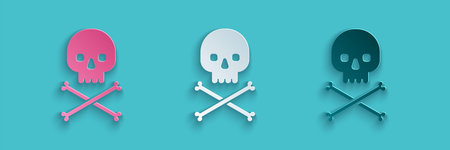 Paper cut Skull on crossbones icon isolated on blue background. Paper art style. Vector Illustration