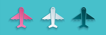Paper cut Plane icon isolated on blue background. Flying airplane icon. Airliner sign. Paper art...