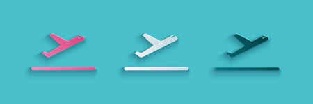 Paper cut Plane takeoff icon isolated on blue background. Airplane transport symbol. Paper art...