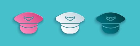 Paper cut Pilot hat icon isolated on blue background. Paper art style. Vector Illustrationのイラスト素材