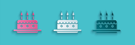 Paper cut Cake with burning candles icon isolated on blue background. Happy Birthday. Paper art...
