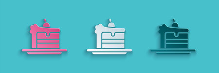 Paper cut Cake icon isolated on blue background. Happy Birthday. Paper art style. Vector...