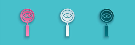 Paper cut Magnifying glass icon isolated on blue background. Search, focus, zoom, business symbol....