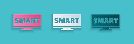 Paper cut Screen tv with Smart video technology icon isolated on blue background. Paper art style....