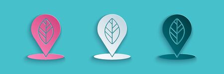 Paper cut Location pin with leaf inside icon isolated on blue background. Paper art style. Vector Illustrationのイラスト素材
