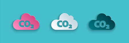 Paper cut CO2 emissions in cloud icon isolated on blue background. Carbon dioxide formula, smog...