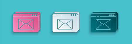 Paper cut Website and envelope, new message, mail icon isolated on blue background. Usage for e-mail...