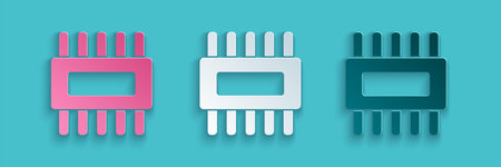 Paper cut Computer processor with microcircuits CPU icon isolated on blue background. Chip or cpu...