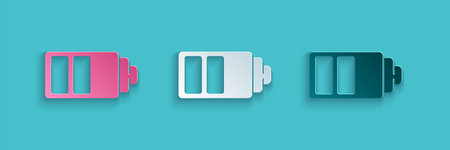 Paper cut Battery charge level indicator icon isolated on blue background. Paper art style. Vector...