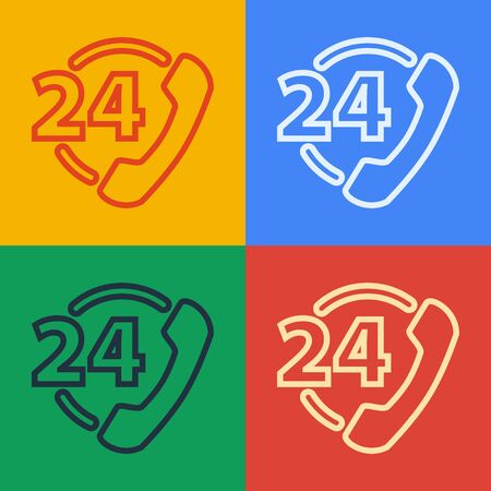 Pop art line Telephone 24 hours support icon isolated on color background. All-day customer support call-center. Full time call services. Vector Illustrationのイラスト素材